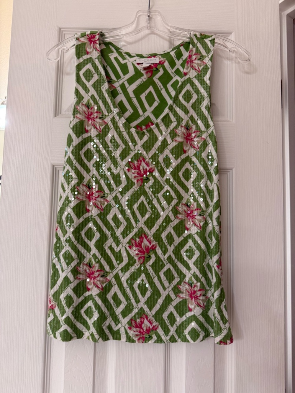 Charter Club Green and White Geometric Floral Sequin Tank